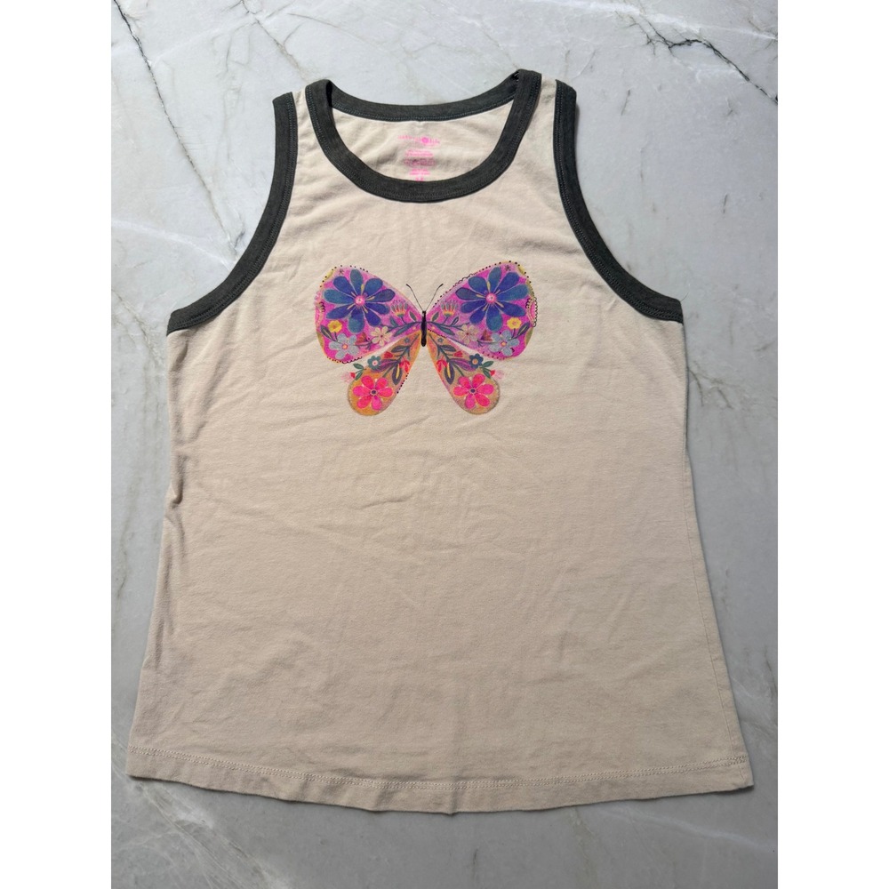 Natural Life Women Beige Floral Butterfly Ringer Tank Top Medium Multi-Color